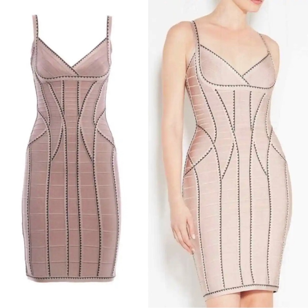 Herve Leger Size M Light Pink & Black Bandage Dress Body Con Spaghetti Strap